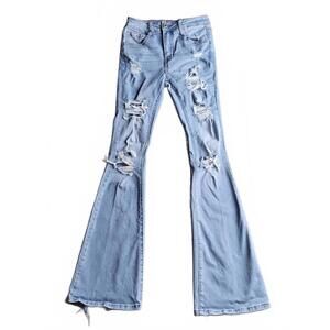 Rue21 Distressed Flare Jeans Light Wash Stretch Denim Size 0 D/67